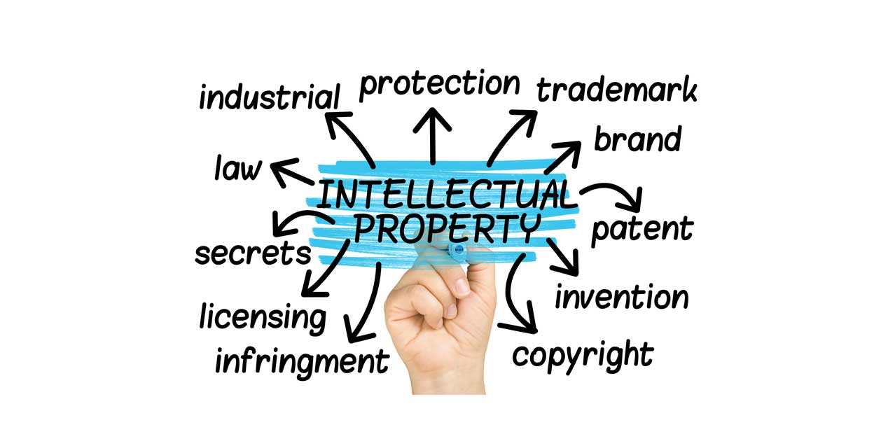 Graphic to set up a new business showing a hand writing intellectual property and other elements needed